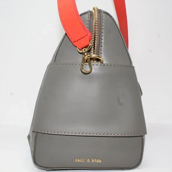 Sass & Bide Satchel Bag The Ember  Gray Pocketed Zippered Orange Strap Purse Lux - Picture 5 of 11